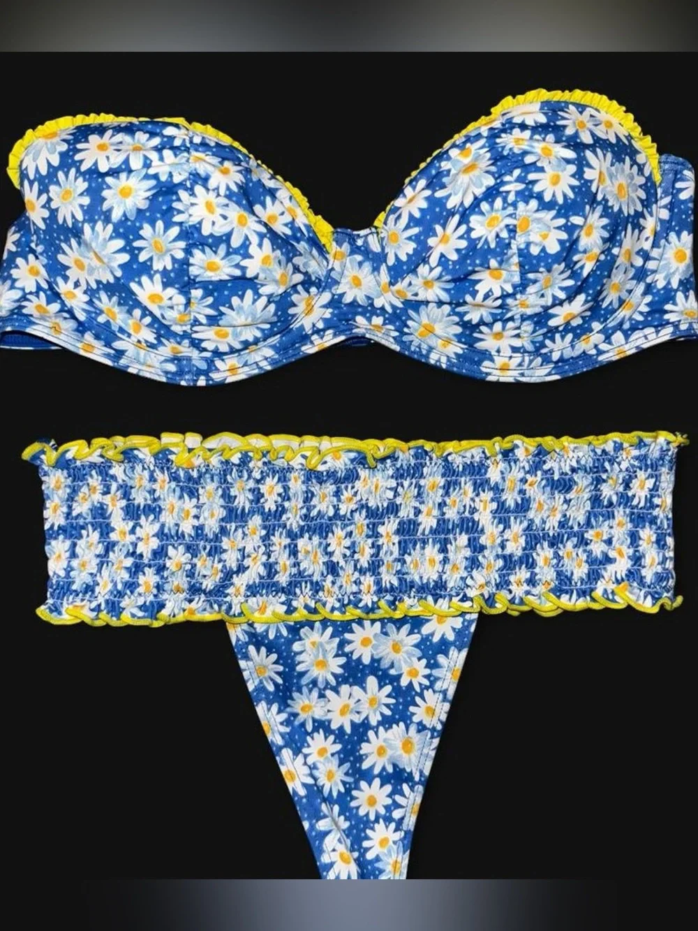 Frankies Bikinis blue with white daisies and yellow small bottoms, medium top